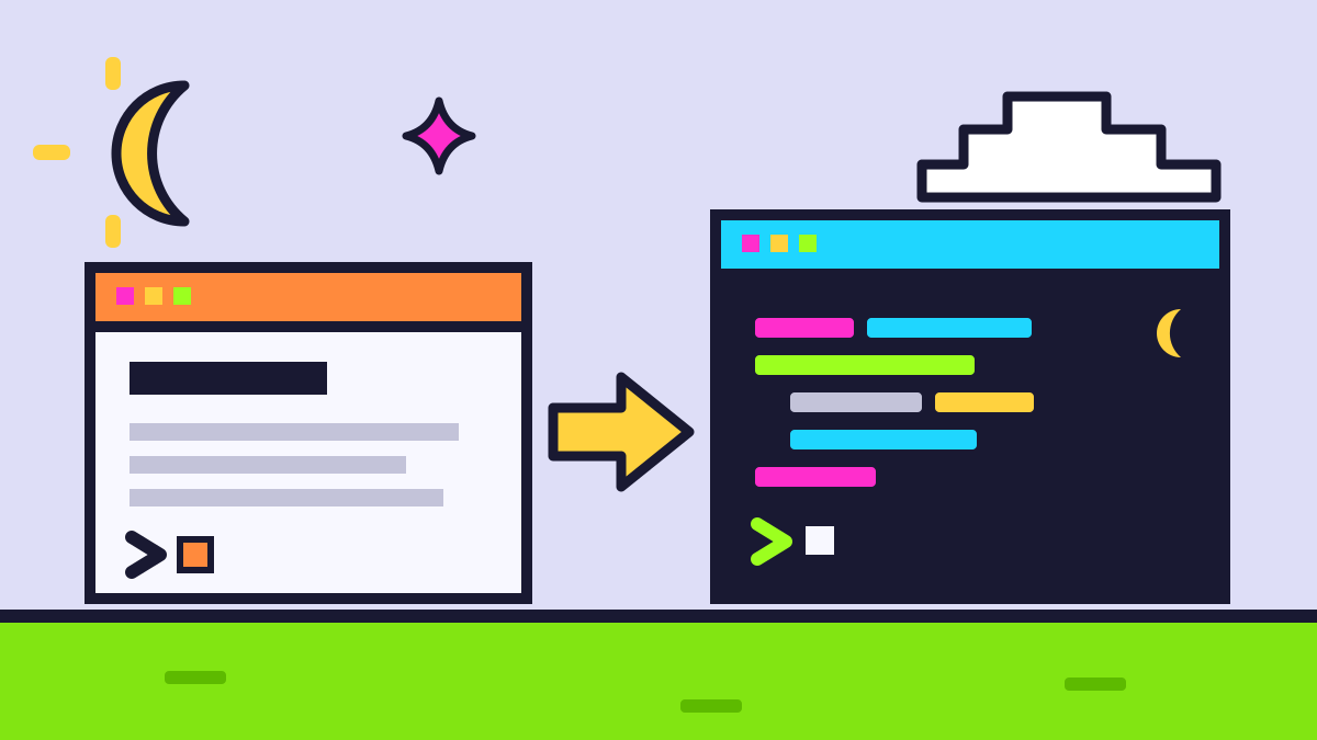 Pixel-art illustration of a Claude Code window with an arrow pointing to a dark terminal window running Kimi, under a crescent moon