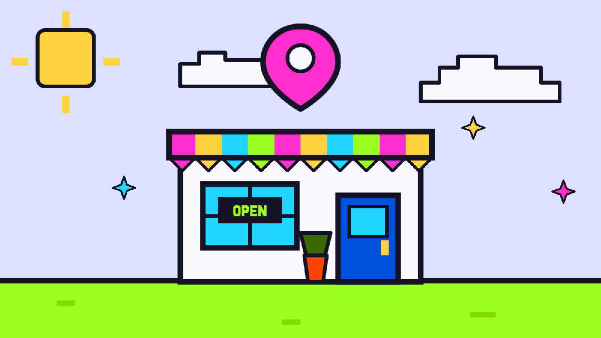 Pixel-art illustration of a local shopfront with an OPEN sign and a map pin marking its location on Google