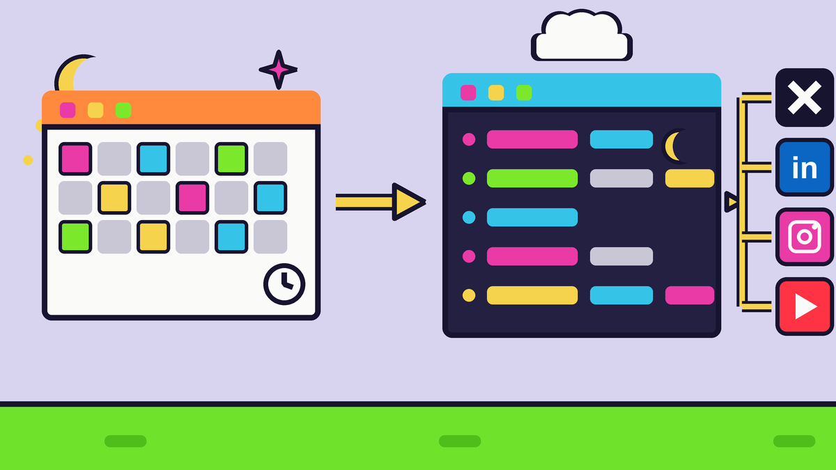 Flat illustration of a content calendar window feeding a dark scheduling queue, with arrows fanning out to social channel tiles