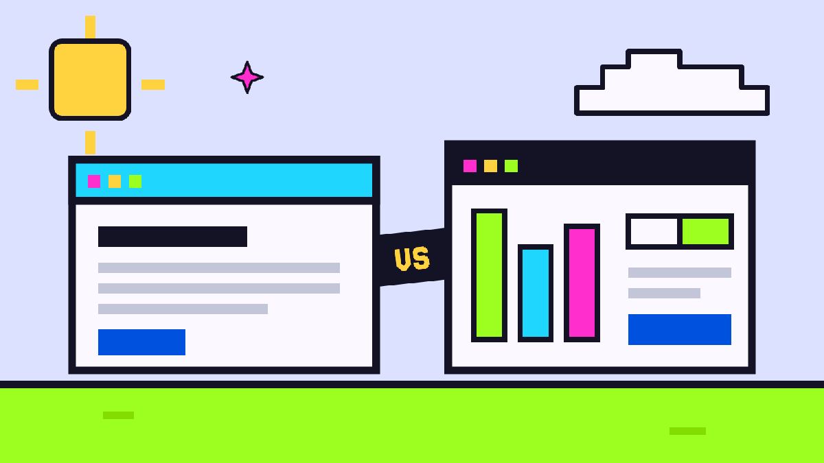 Pixel-art illustration of a simple website window next to a web app window with charts and controls, with a VS badge between them