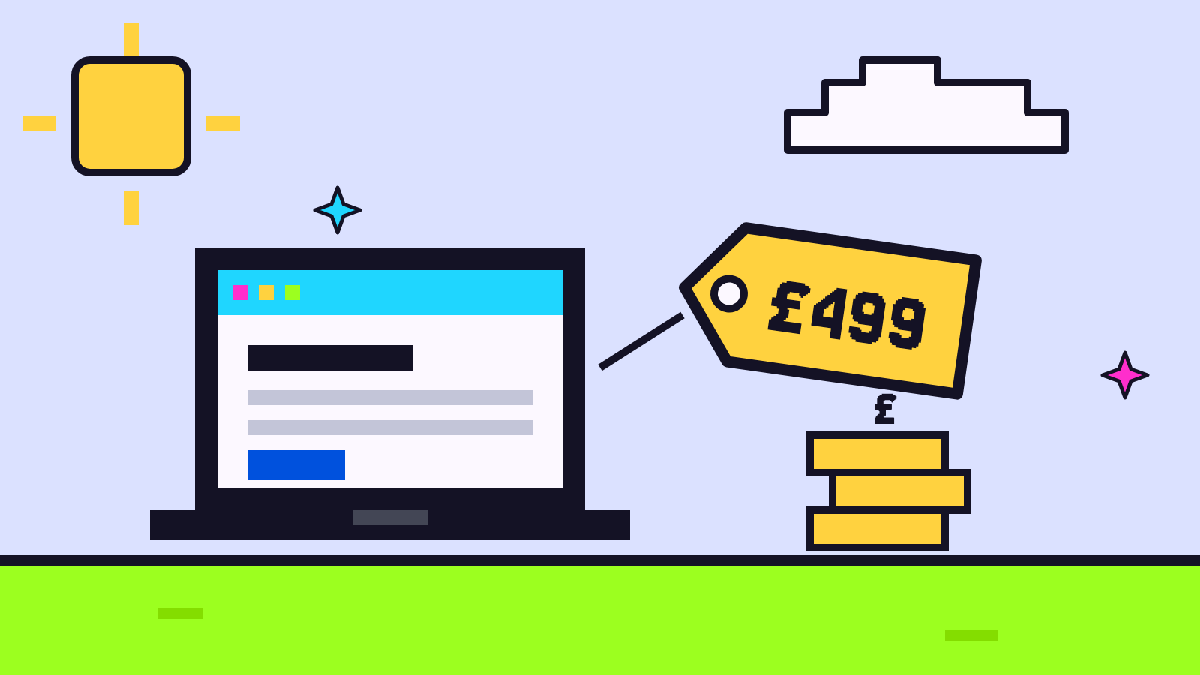 Pixel-art illustration of a laptop showing a website with a £499 price tag and a stack of pound coins